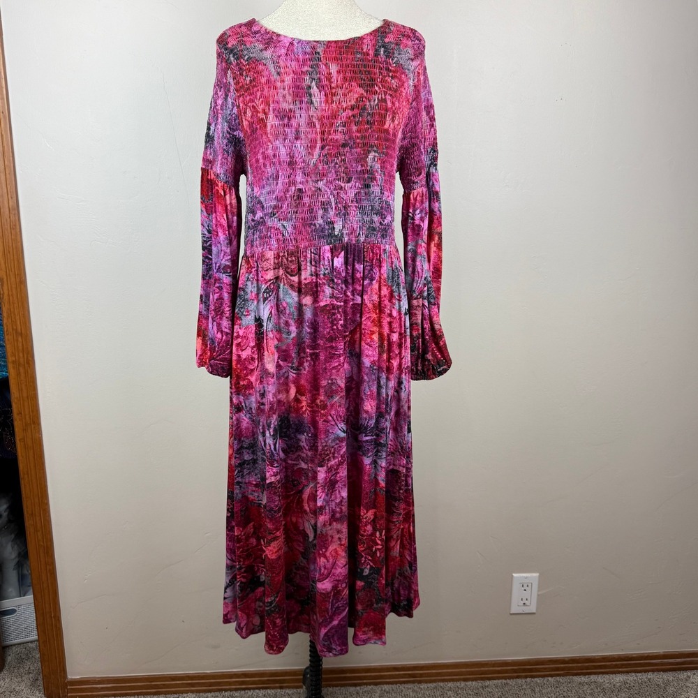Soft Surroundings Midi Dress Womens PM Pink Purple Velvet Smocked Whimsygoth